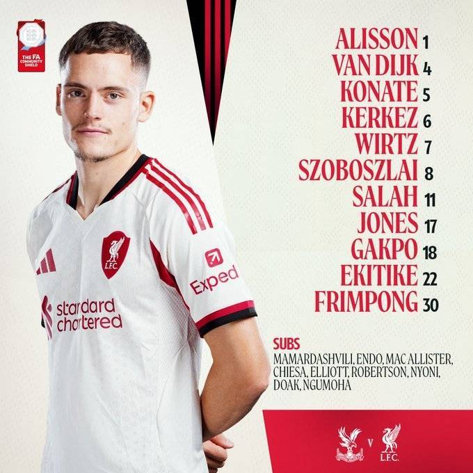 社区盾-水晶宫vs利物浦首发:萨拉赫PK埃泽,埃基蒂克 维尔茨先发