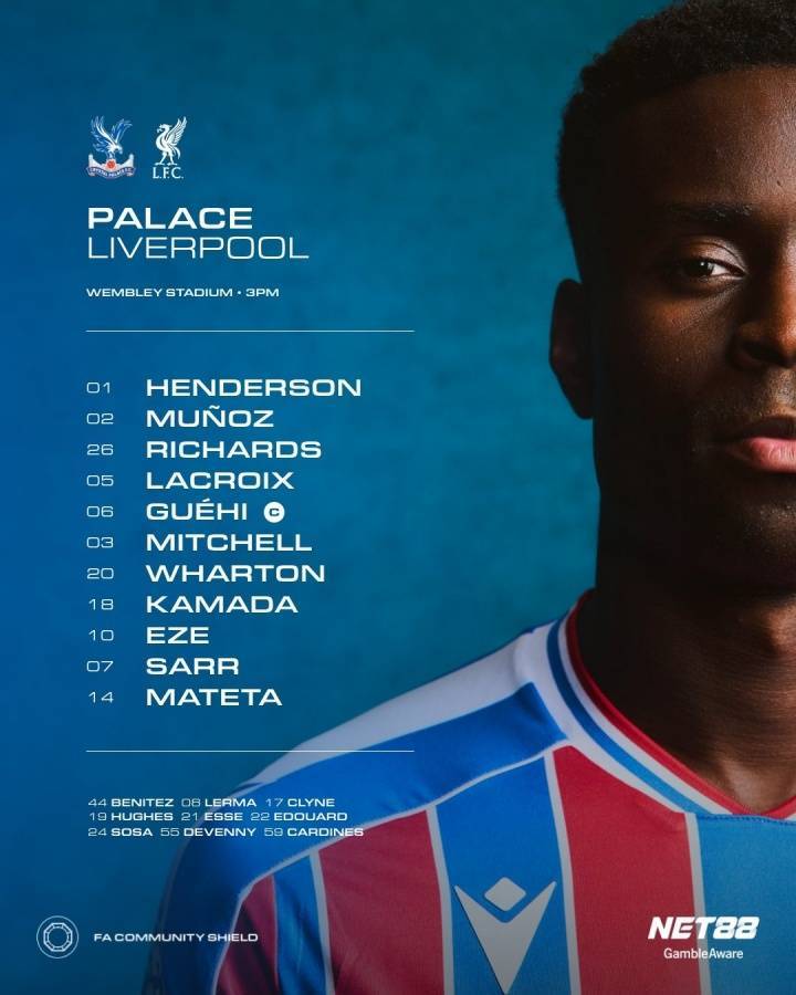 社区盾-水晶宫vs利物浦首发:萨拉赫PK埃泽,埃基蒂克 维尔茨先发